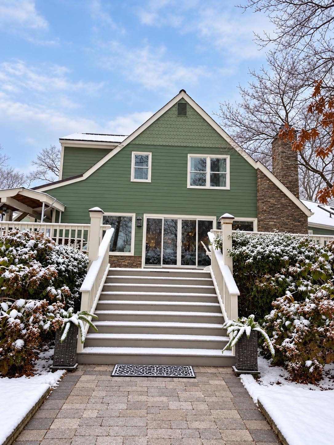 A two-storey sage-green house with white trim and scalloped gable siding, a tall brick chimney and wide glass doors, with a broad concrete stair, white railings and snow-dusted shrubs on a winter day