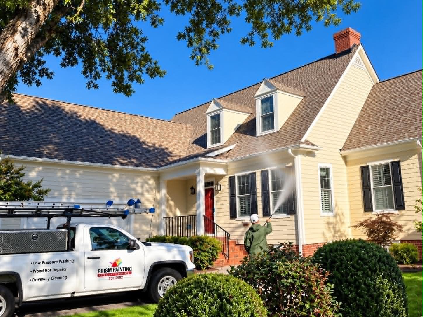A painter in a green hoodie and white cap power washing the cream siding and dark-shuttered windows of a two-storey house, a jet of water arcing from the wand, with a white Prism Painting service truck in the driveway under a clear blue sky